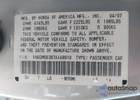 2007 Honda Accord 2.4 Se из США, поврежденный, VIN 1HGCM56387A148919